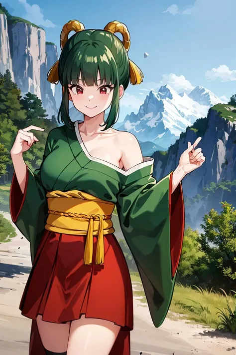 ((masterpiece,best quality)), absurdres,
<lora:Yurin_DB:0.6>, Yurin_DB,  (green kimono, red skirt, sarashi, single bare shoulder), 
smiling, 
mountain in background, cinematic composition, dynamic pose,