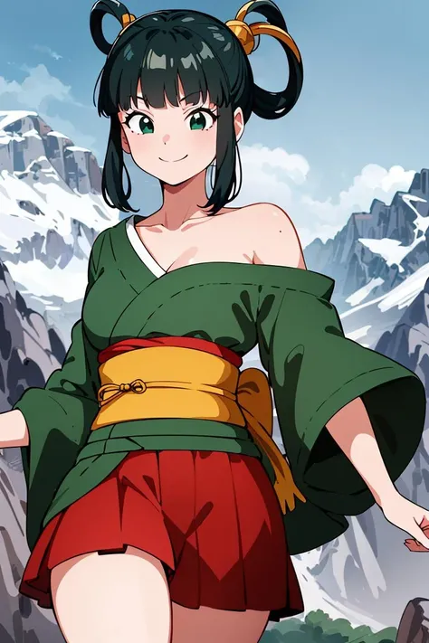 ((masterpiece,best quality)), absurdres,
<lora:Yurin_DB:0.6>, Yurin_DB,  (green kimono, red skirt, sarashi, single bare shoulder), 
Detailed face, smiling, 
looking at viewer, 
mountain in background, cinematic composition, dynamic pose,