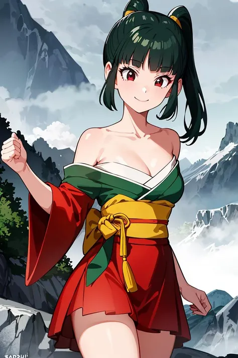 ((masterpiece,best quality)), absurdres,
<lora:Yurin_DB:0.6>, Yurin_DB, (green kimono, red skirt, sarashi, single bare shoulder),
Detailed face, smiling,
looking at viewer,
mountain in background, cinematic composition, dynamic pose,