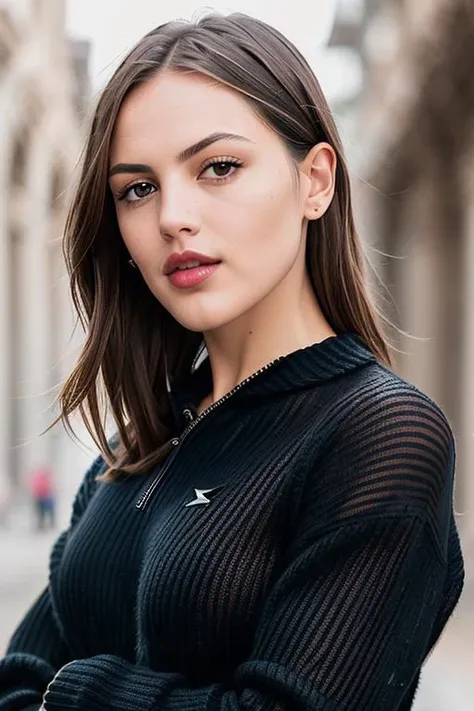 a face picture of EizaG_T_V1-600 (with black sweater:1.2), ((front view)), red lips, and a (close up:1.3) long haircut, pale skin, slim body, background is city ruins, (high detailed skin:1.2), 8k uhd, dslr, soft lighting, high quality, film grain, Fujifilm XT3