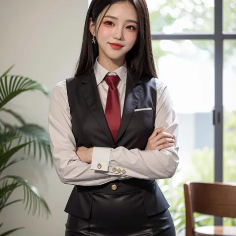 ultra high res, photo, 4k, absurdres, (incredible absurdity), ((masterpiece, best quality)), (wallpaper), (8k hd), 1girl, solo, black hair, necktie, crossed arms, skirt, long hair, red necktie, jacket, smile, shirt, black skirt, white shirt, looking at viewer, vest, plant, long sleeves, blurry, collared shirt, blurry background, pencil skirt