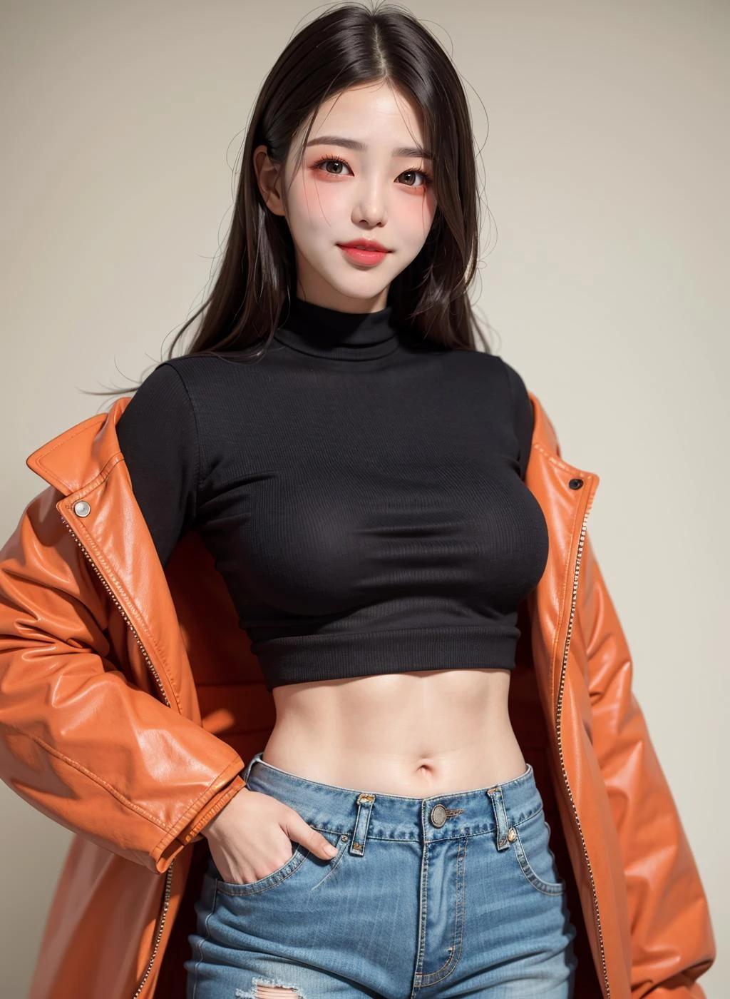 ultra high res, photo, 4k, absurdres, (incredible absurdity), ((masterpiece, best quality)), (wallpaper), (8k hd), 1girl, solo, long hair, pants, midriff, brown hair, navel, coat, denim, parted lips, jeans, realistic, looking at viewer, crop top, brown eyes, blurry, blurry background, jacket, shirt, black shirt, breasts, lips, cowboy shot, open clothes, long sleeves, red coat