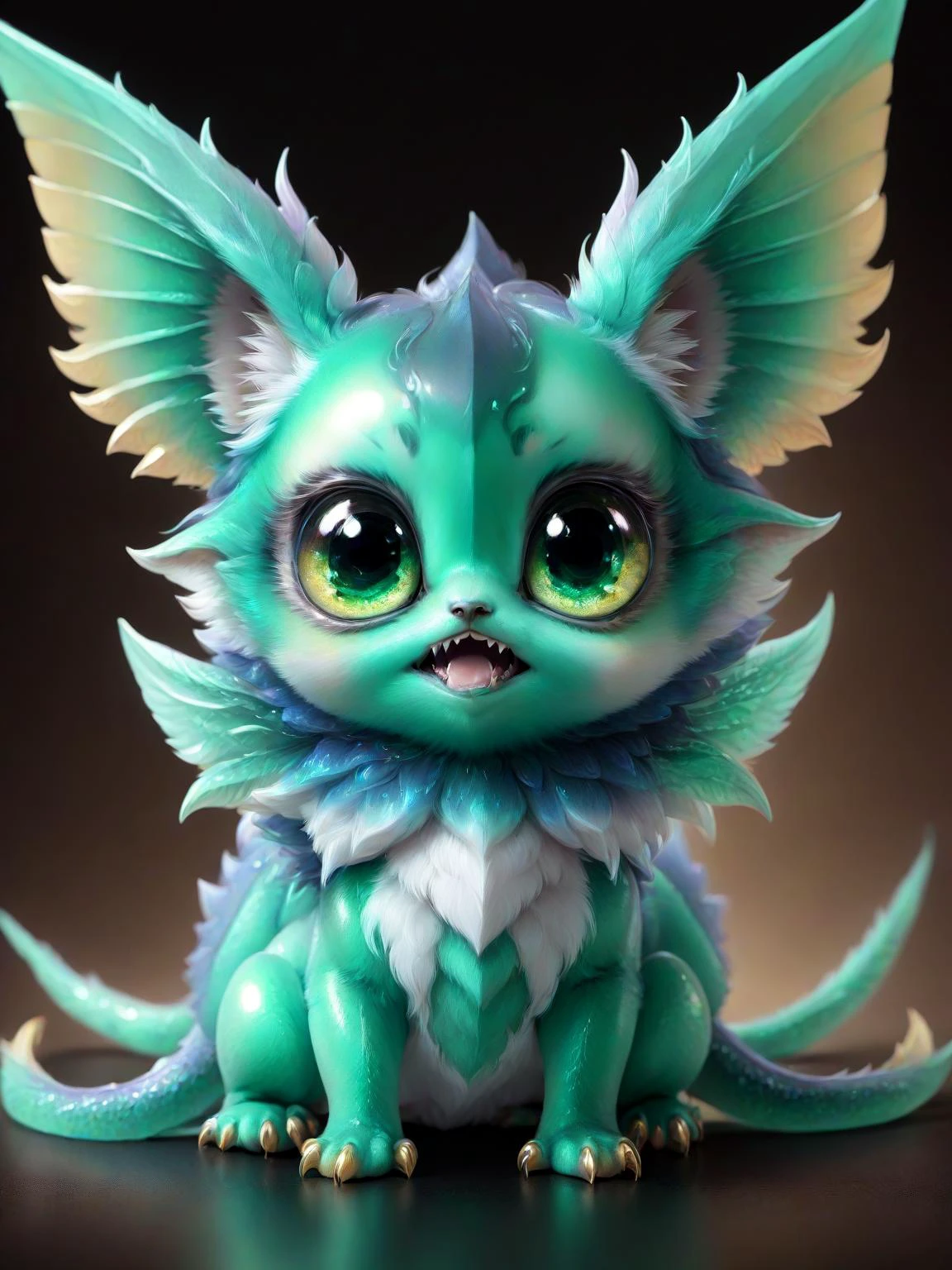 breathtaking a colorful cute little magical creature <lora:bigeyes-v2_16x8-4x1:1> big eyes, <lora:Critterz:1> critterz, cute, sharp teeth, critter <lora:Haute_CoutureXL:0.5> DTstyle <lora:Fluid holography:0.2> holography <lora:greengemix:1> greengemix, grg1, masterpiece, award-winning, professional, highly detailed