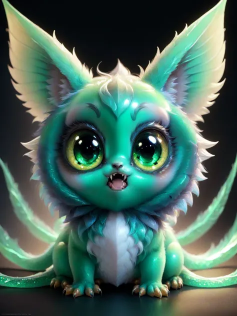 breathtaking a colorful cute little magical creature <lora:bigeyes-v2_16x8-4x1:1> big eyes,  <lora:Critterz:1> critterz, cute, sharp teeth, critter <lora:Haute_CoutureXL:0.5> DTstyle <lora:Fluid holography:0.2> holography <lora:greengemix:1> greengemix, grg1, masterpiece, award-winning, professional, highly detailed