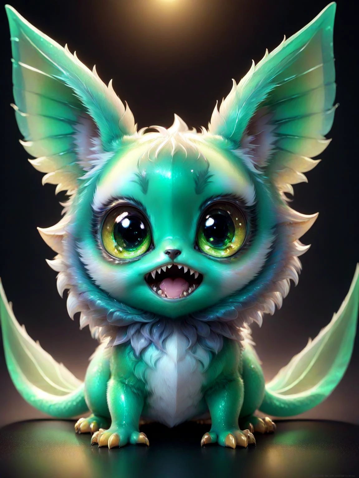 breathtaking a colorful cute little magical creature <lora:bigeyes-v2_16x8-4x1:1> big eyes, <lora:Critterz:1> critterz, cute, sharp teeth, critter <lora:Haute_CoutureXL:0.5> DTstyle <lora:Fluid holography:0.2> holography <lora:greengemix:1> greengemix, grg1, masterpiece, award-winning, professional, highly detailed