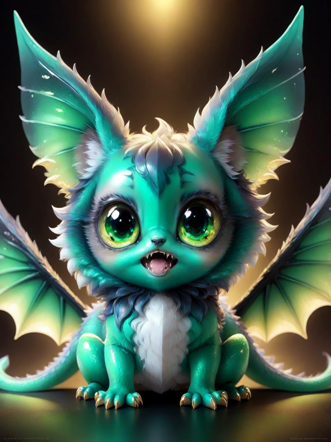 breathtaking a colorful cute little magical creature <lora:bigeyes-v2_16x8-4x1:1> big eyes, <lora:Critterz:1> critterz, cute, sharp teeth, critter <lora:Haute_CoutureXL:0.5> DTstyle <lora:Fluid holography:0.2> holography <lora:greengemix:1> greengemix, grg1, masterpiece, award-winning, professional, highly detailed