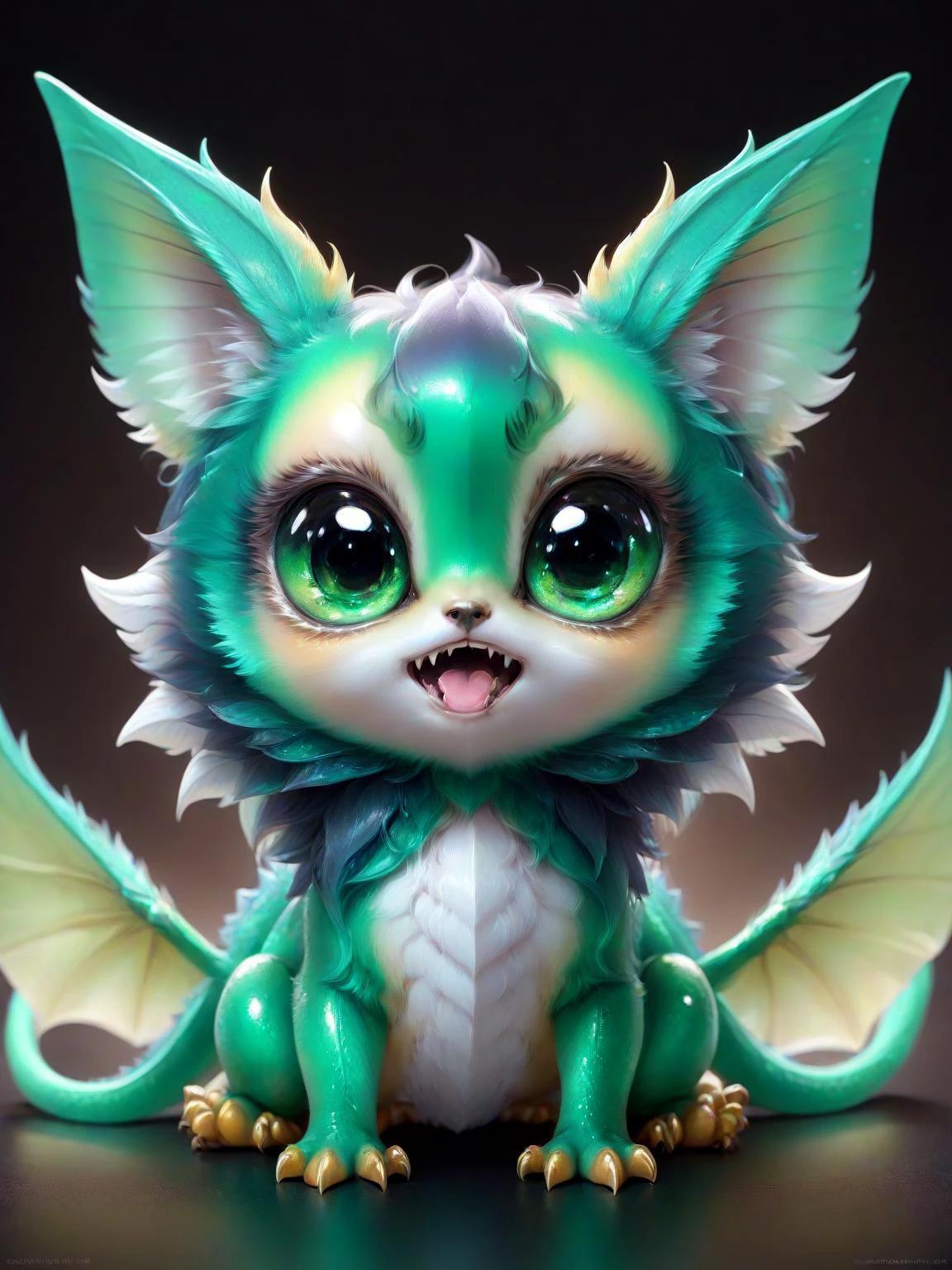 breathtaking a colorful cute little magical creature <lora:bigeyes-v2_16x8-4x1:1> big eyes, <lora:Critterz:1> critterz, cute, sharp teeth, critter <lora:Haute_CoutureXL:0.5> DTstyle <lora:Fluid holography:0.2> holography <lora:greengemix:1> greengemix, grg1, masterpiece, award-winning, professional, highly detailed