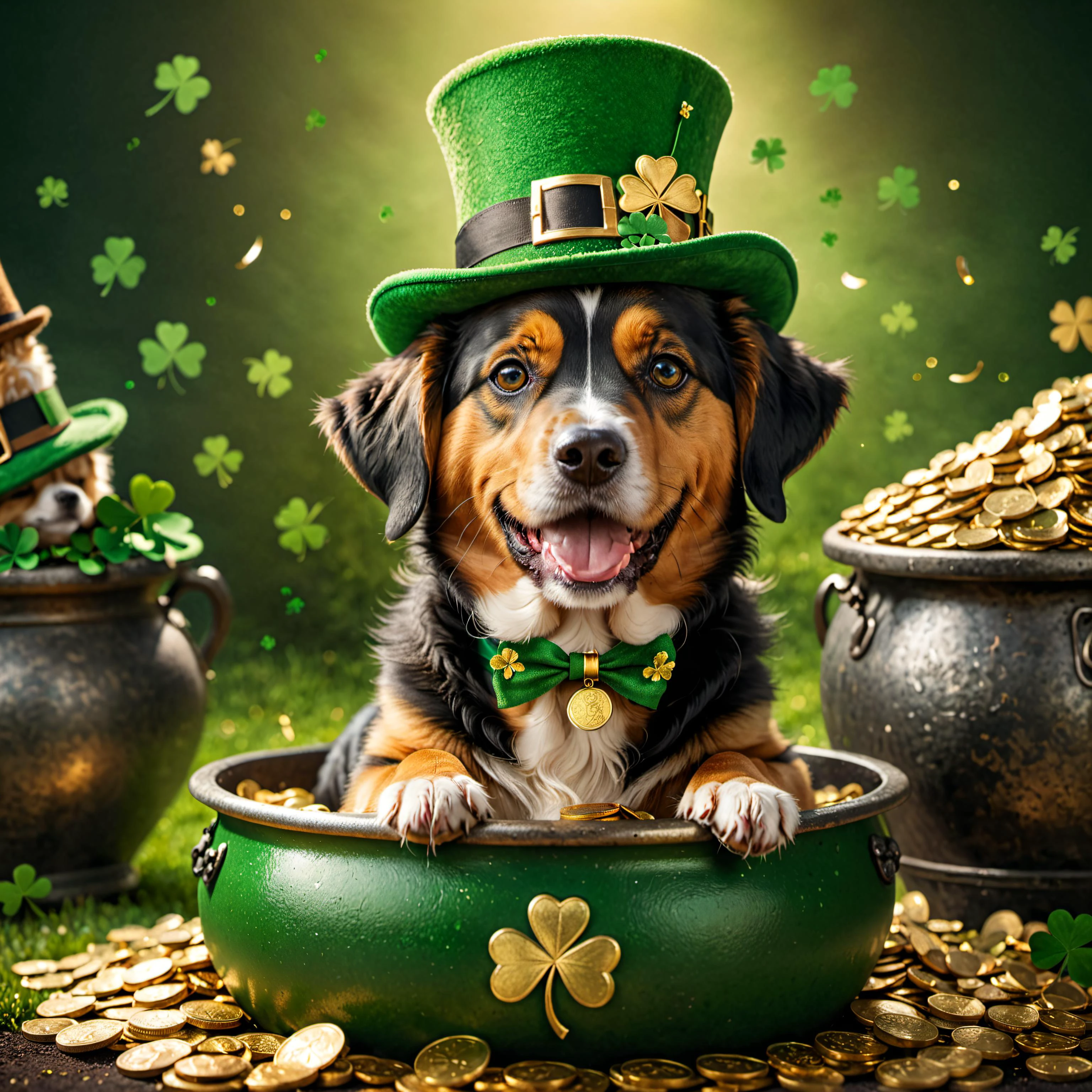 cute st patrick's day themed big dog smiling,side view,Shamrocks and Clovers:, wearing st. patricks day clothes and hat for the celebration, laying on a large pot of gold coins<lora:Critterz:0.5>, detailed, masterpiece, 8K resolution <lora:RMSDXL_Creative:0.99> <lora:add-detail-xl:0.8>, RAW candid cinema, 16mm, color graded portra 400 film, remarkable color, ultra realistic, textured skin, remarkable detailed pupils, realistic dull skin noise, visible skin detail, skin fuzz, dry skin, shot with cinematic camera