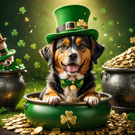 cute st patrick's day themed big dog smiling,side view,Shamrocks and Clovers:, wearing st. patricks day clothes and hat for the celebration, laying on a large pot of gold coins<lora:Critterz:0.5>, detailed, masterpiece, 8K resolution <lora:RMSDXL_Creative:0.99> <lora:add-detail-xl:0.8>, RAW candid cinema, 16mm, color graded portra 400 film, remarkable color, ultra realistic, textured skin, remarkable detailed pupils, realistic dull skin noise, visible skin detail, skin fuzz, dry skin, shot with cinematic camera