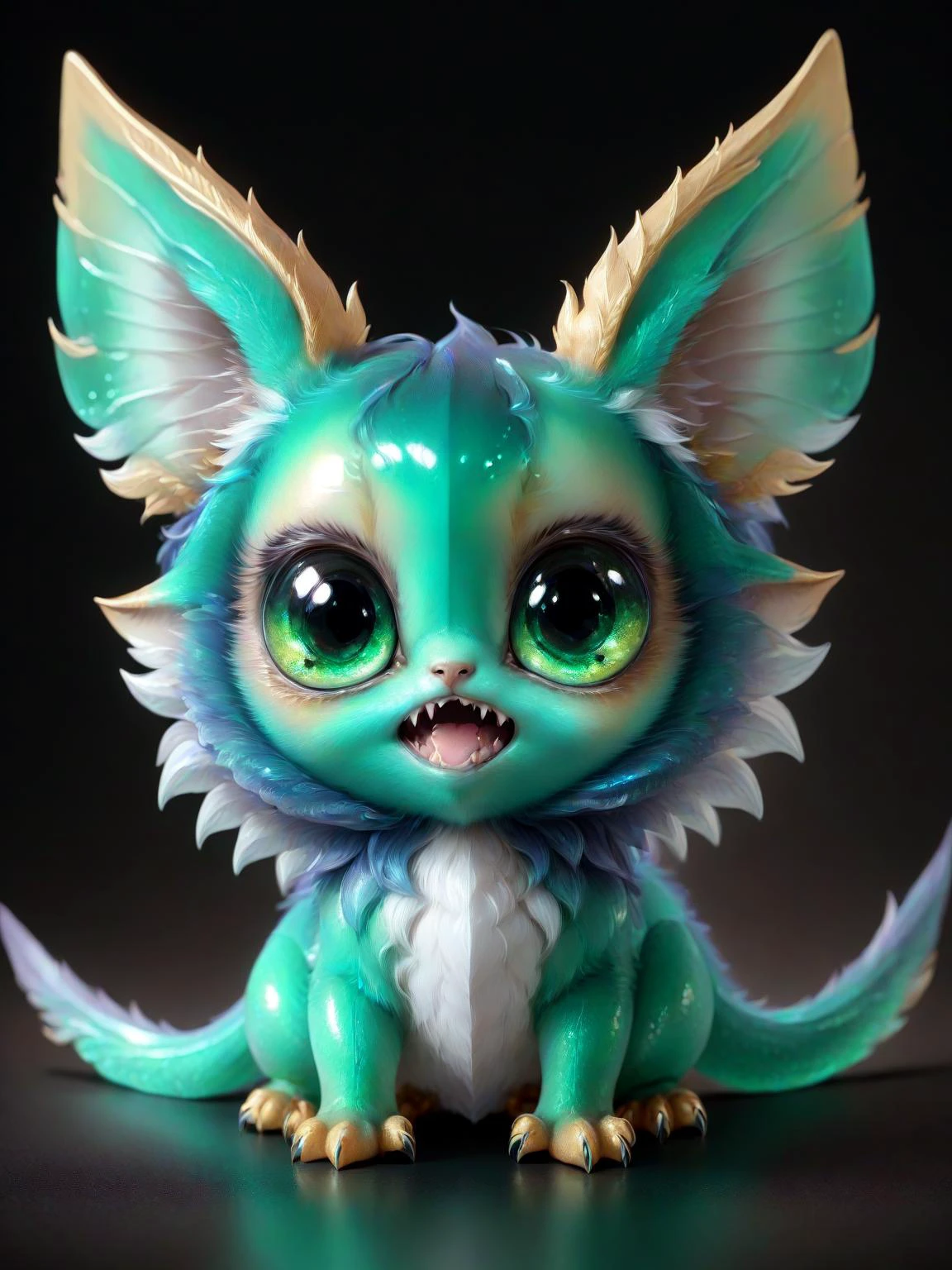 breathtaking a colorful cute little magical creature <lora:bigeyes-v2_16x8-4x1:1> big eyes, <lora:Critterz:1> critterz, cute, sharp teeth, critter <lora:Haute_CoutureXL:0.5> DTstyle <lora:Fluid holography:0.2> holography <lora:greengemix:1> greengemix, grg1, masterpiece, award-winning, professional, highly detailed