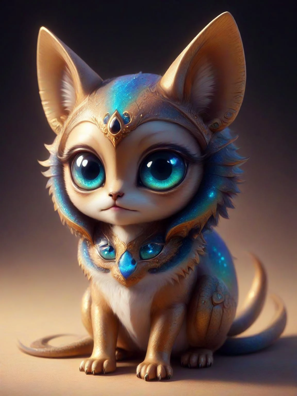 breathtaking a colorful cute little magical creature <lora:bigeyes-v2_16x8-4x1:1> big eyes, <lora:EgyptPunkAI:1> egyptpunkai, old, scifi <lora:Critterz:0.7> critterz, cute, sharp teeth, critter <lora:Haute_CoutureXL:0.5> DTstyle, masterpiece, award-winning, professional, highly detailed