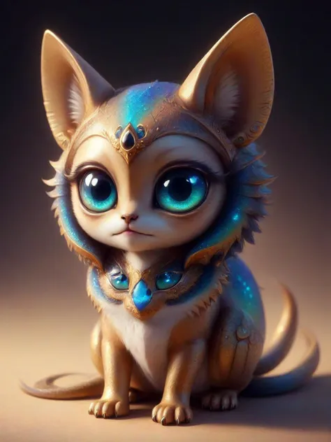 breathtaking a colorful cute little magical creature <lora:bigeyes-v2_16x8-4x1:1> big eyes,    <lora:EgyptPunkAI:1> egyptpunkai, old, scifi <lora:Critterz:0.7> critterz, cute, sharp teeth, critter <lora:Haute_CoutureXL:0.5> DTstyle, masterpiece, award-winning, professional, highly detailed