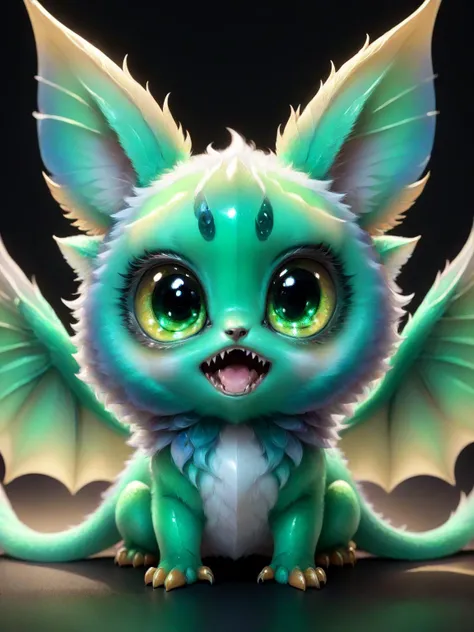 breathtaking a colorful cute little magical creature <lora:bigeyes-v2_16x8-4x1:1> big eyes, <lora:Critterz:1> critterz, cute, sharp teeth, critter <lora:Haute_CoutureXL:0.5> DTstyle <lora:Fluid holography:0.2> holography <lora:greengemix:1> greengemix, grg1, masterpiece, award-winning, professional, highly detailed