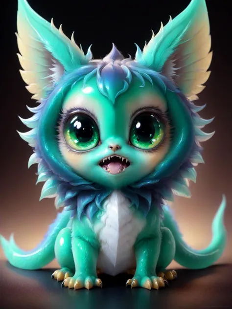 breathtaking a colorful cute little magical creature <lora:bigeyes-v2_16x8-4x1:1> big eyes,  <lora:Critterz:1> critterz, cute, sharp teeth, critter <lora:Haute_CoutureXL:0.5> DTstyle <lora:Fluid holography:0.2> holography <lora:greengemix:1> greengemix, grg1, masterpiece, award-winning, professional, highly detailed