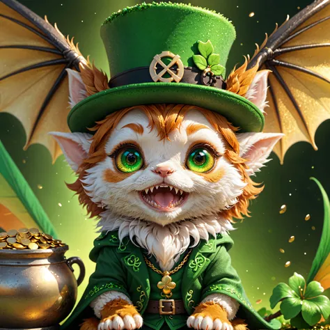 cute st patrick's day themed leprechaun, wearing st. patricks day clothes and hat for the celebration, sitting on a large pot of gold coins<lora:Critterz:0.8> critterz, cute, dragon wings, sharp teeth, critter a cute colorful chibi magical creature, (pot of gold in background:1.2), detailed, masterpiece, 8K resolution, RAW candid cinema, 16mm, color graded portra 400 film, remarkable color, ultra realistic, textured skin, remarkable detailed pupils, realistic dull skin noise, visible skin detail, skin fuzz, dry skin, shot with cinematic camera