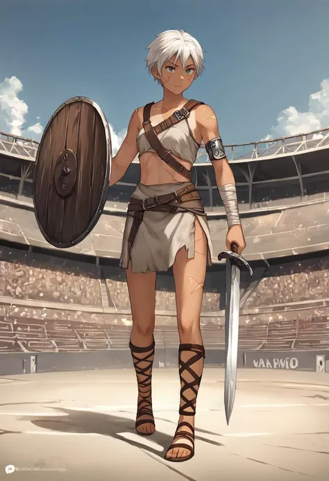 1girl, solo, cinematic angle, very short hair, white hair, tan, scar, too many scars, gladiator, gladiator sandals, sword, shield, colosseum  <lora:kantoku_pony_v1:1>, score_9, score_8_up, score_7_up, score_6_up, score_5_up, score_4_up, BREAK source_anime, masterpiece