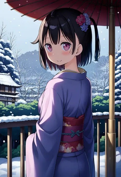 score_9, best quality, masterpiece, uncensored, source_anime
BREAK
1girl, solo, looking at viewer, blush, smile, short hair, bangs, black hair, hair ornament, long sleeves, closed mouth, upper body, flower, outdoors, japanese clothes, day, looking back, hair flower, pink eyes, kimono, tree, sash, umbrella, one side up, obi, floral print, snow, snowing, railing, oil-paper umbrella, winter, bridge
<lora:kantoku_pony_v2:1>