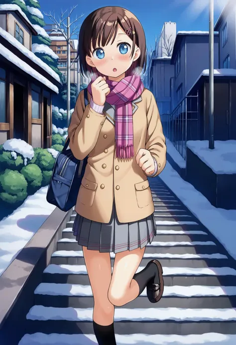 score_9, best quality, masterpiece, uncensored, source_anime
BREAK
1girl, solo, looking at viewer, blush, short hair, open mouth, bangs, blue eyes, skirt, brown hair, black hair, hair ornament, long sleeves, school uniform, standing, jacket, pleated skirt, outdoors, shoes, day, socks, hairclip, hand up, bag, scarf, black footwear, :o, tree, coat, plaid, kneehighs, leg up, sunlight, standing on one leg, plant, black socks, loafers, building, breath, snow, grey skirt, school bag, stairs, fence, railing, winter clothes, road, bush, house, winter, plaid scarf, pink scarf
<lora:kantoku_pony_v2:1>