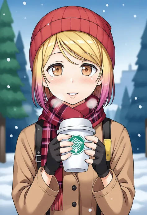 score_9, best quality, masterpiece, uncensored, source_anime
BREAK
1girl,solo,looking at viewer,smile,gloves,long sleeves,hat,holding,brown eyes,jacket,upper body,multicolored hair,outdoors,parted lips,day,black gloves,hood,fingerless gloves,bag,scarf,blurry,cup,lips,coat,plaid,gradient hair,blurry background,backpack,breath,holding cup,red headwear,snow,snowing,nose,beanie,winter clothes,disposable cup,winter,coffee cup,(large breasts:0.7),traditional media, rimlight
<lora:kantoku_pony_v2:1>