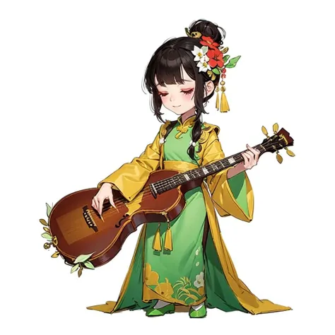 qgufeng, game icon institute, game icon, 1girl, solo, hair ornament, black hair, closed eyes, instrument, flower, hair flower, simple background, long sleeves, makeup, white background, holding, hair bun, full body, chibi, green footwear, chinese clothes, bangs, closed mouth, holding instrument, single hair bun, music, eyeshadow, blunt bangs, standing, wide sleeves, green dress <lora:game icon institute_qgufeng_v2-000020:0.7>