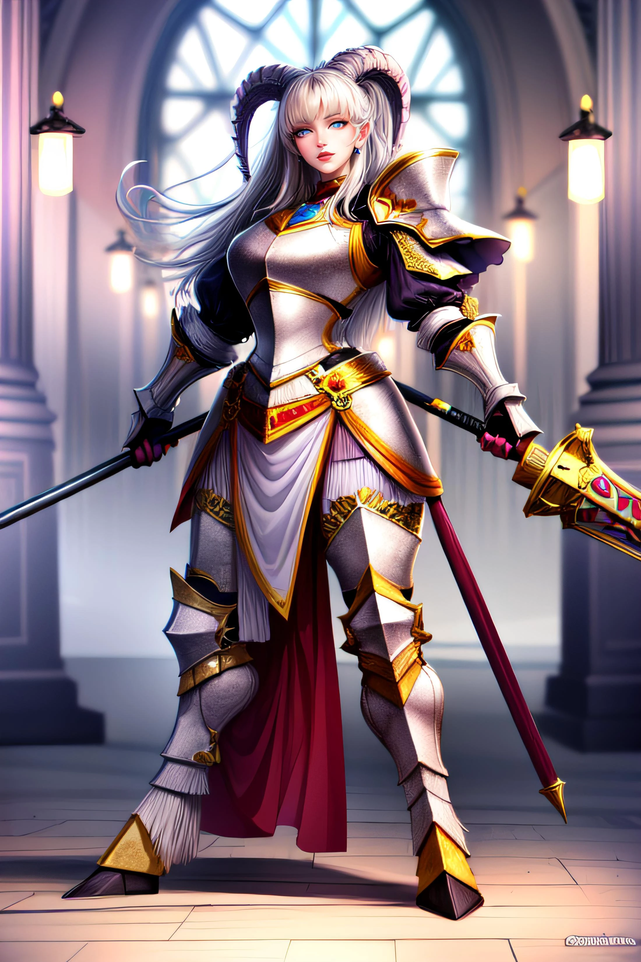 <lora:add_detail:0.8>
masterpiece, best quality,uploaded on e621, ((by Yurusa, by Childe Hassam, by Kenket, by Kyoto Animation)), sharp details, (best quality), dramatic lighting,
Woman, wide hips,
Thick
<lora:draenei-warcraft-richy-v1:1.4> draenei, glowing eyes, colored sclera, tail ornament, hooves, blue skin, green eyes, white hair, long hair, long legs
From the side
I the battlefield,
Angelic aura, magic golden magic, forehead magic mark,(magic in hand:1.4),inside a church,
Heavy armor, (full armor:1.6),golden armor, fighting, fighting pose, weapon, grabbing hammer,
<lora:PLD_armor:1>,shiny, shiny armor
<lora:InsaneThiccnessV2:0.6>
<lora:pregnancy_slider_v10:0.8>