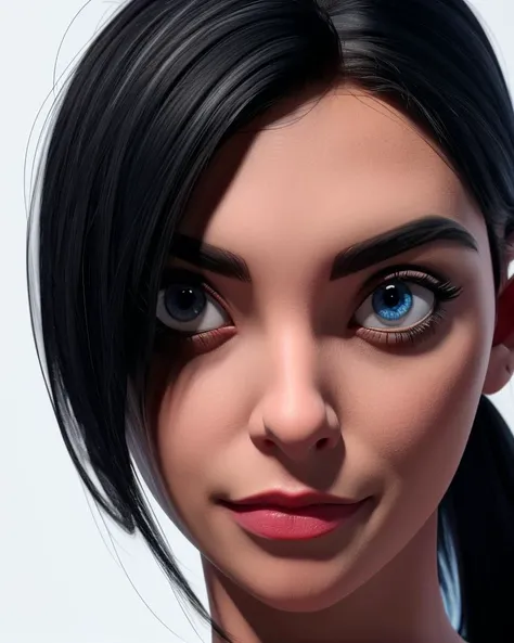 frontal symetrical 3d render of <lora:K4Keeps:0.8>, focus on face, black hair, detailed face, intricate, sharp focus, soft lighting, vibrant colors, masterpiece, detailed face, beautiful, looking at viewer, upper body, detailed eyes, pore level details, advertising studio lights, frontal led light ring, smooth shadows, bokeh background, Hyper Realistic Photography, Hyperdetail, UHD, Color Correction, HDR, color grading, hyper realistic (white background), <lora:3DMM_V12:1>