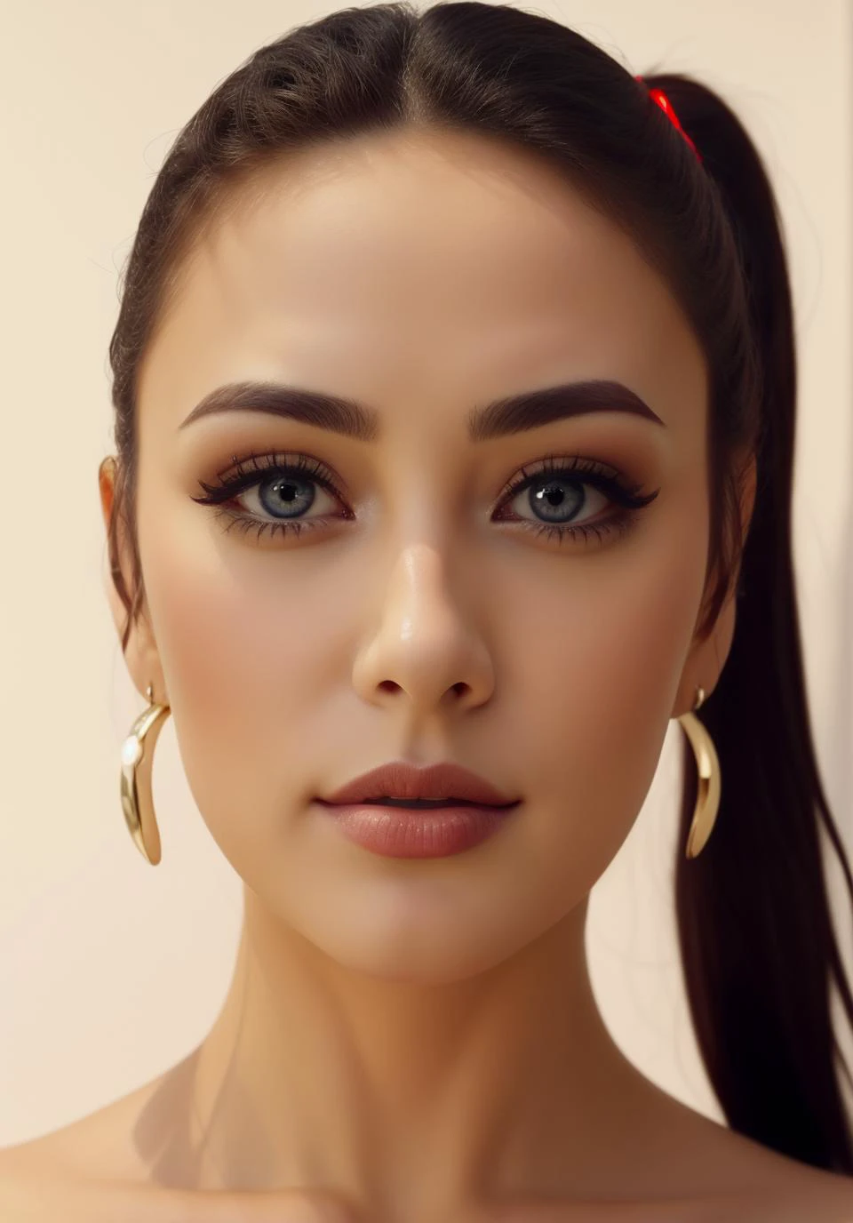 frontal symetrical photo of <lora:F3rg13V:1>, focus on face, detailed face, ponytail, intricate, sharp focus, soft lighting, vibrant colors, masterpiece, detailed face, beautiful, (frontal), detailed eyes, pore level details, advertising studio lights, frontal led light ring, smooth shadows, bokeh background, Hyper Realistic Photography, Hyperdetail, UHD, Color Correction, HDR, color grading, hyper realistic (white background)