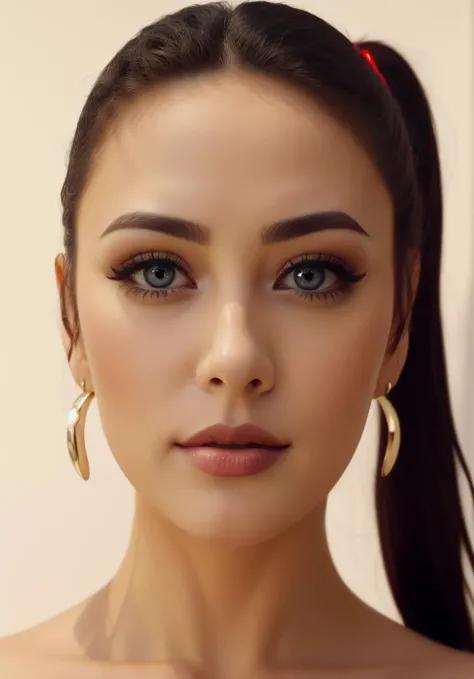 frontal symetrical photo of <lora:F3rg13V:1>, focus on face, detailed face, ponytail, intricate, sharp focus, soft lighting, vibrant colors, masterpiece, detailed face, beautiful, (frontal), detailed eyes, pore level details, advertising studio lights, frontal led light ring, smooth shadows, bokeh background, Hyper Realistic Photography, Hyperdetail, UHD, Color Correction, HDR, color grading, hyper realistic (white background)