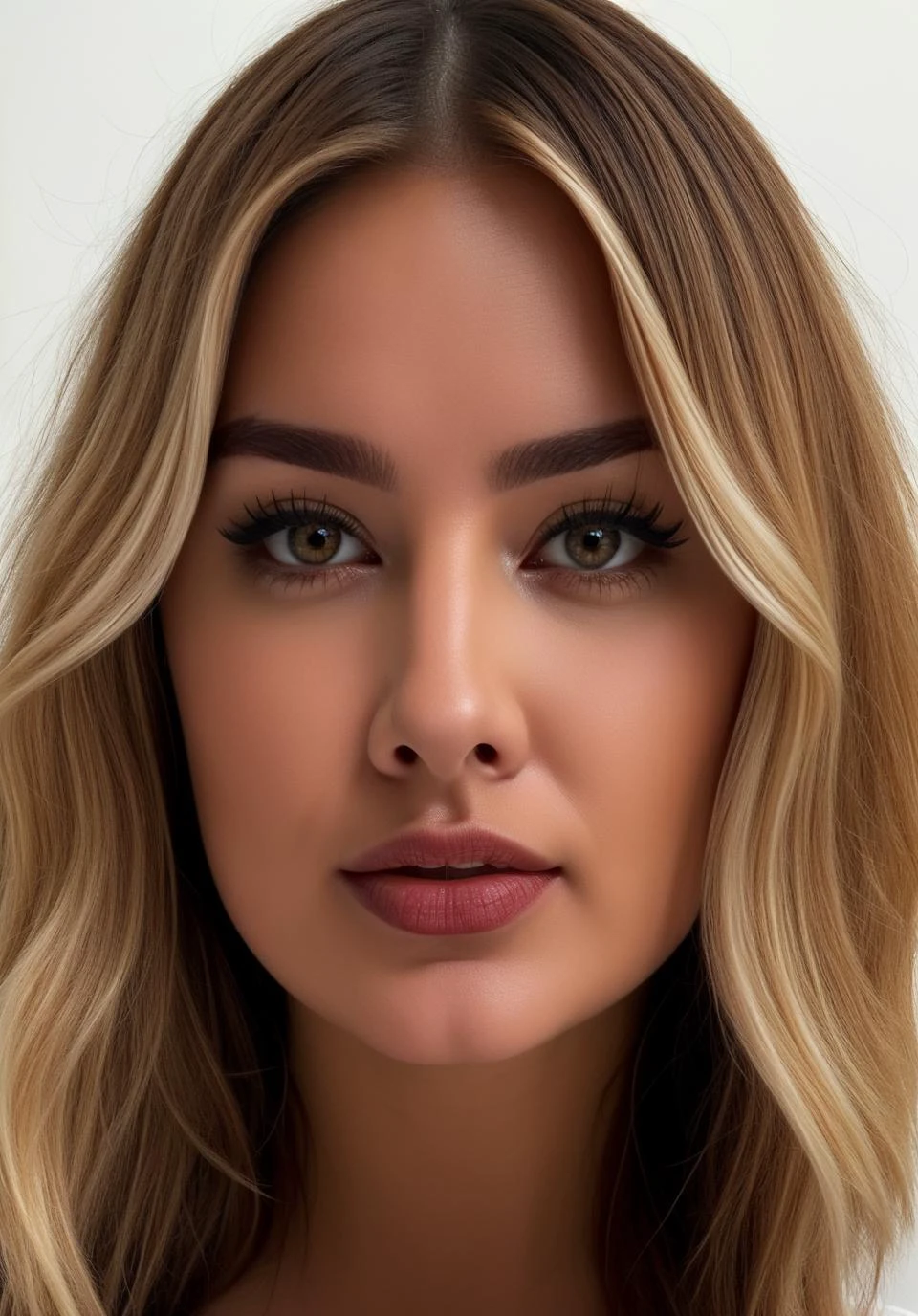 frontal symetrical photo of anastasiyak <lora:4n45ta5iy4:1>, focus on face, detailed face, intricate, sharp focus, soft lighting, vibrant colors, masterpiece, detailed face, beautiful, (frontal), detailed eyes, pore level details, advertising studio lights, frontal led light ring, smooth shadows, bokeh background, Hyper Realistic Photography, Hyperdetail, UHD, Color Correction, HDR, color grading, hyper realistic (white background)