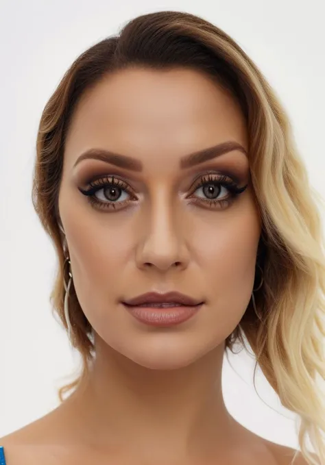 frontal symetrical photo of <lora:M4ryB3ll4v1t4:1>, focus on face, detailed face, intricate, sharp focus, soft lighting, vibrant colors, masterpiece, detailed face, beautiful, (frontal), detailed eyes, pore level details, advertising studio lights, frontal led light ring, smooth shadows, bokeh background, Hyper Realistic Photography, Hyperdetail, UHD, Color Correction, HDR, color grading, hyper realistic (white background)