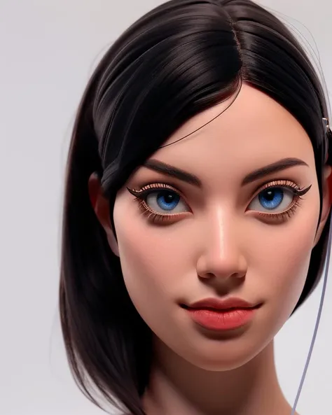 frontal symetrical 3d render of <lora:F3G4lva0:1>, focus on face, black hair, detailed face, intricate, sharp focus, soft lighting, vibrant colors, masterpiece, detailed face, beautiful, looking at viewer, upper body, detailed eyes, pore level details, advertising studio lights, frontal led light ring, smooth shadows, bokeh background, Hyper Realistic Photography, Hyperdetail, UHD, Color Correction, HDR, color grading, hyper realistic (white background), <lora:3DMM_V12:1>