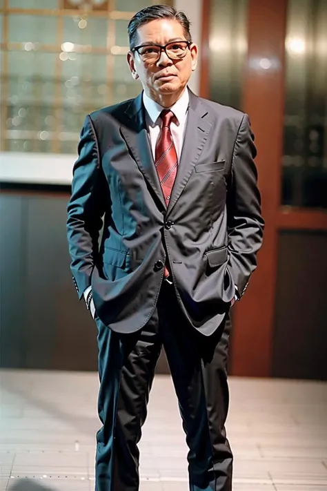 best quality, ultra high res, (photorealistic:1.4),(black suit:1.2),masterpiece, blurry background,1boy,standing ,(looking at viewer), old men,<lora:jiangyi:0.8>
