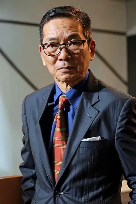 best quality, ultra high res, (photorealistic:1.4),(black suit:1.2),masterpiece, blurry background,1boy,Lean back in your chair ,(looking at viewer), old men,<lora:jiangyi:0.8>