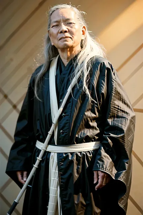 best quality, ultra high res, (photorealistic:1.4),masterpiece, blurry background,closed eyes,full body,  1boy,white hair,very long hair,He had a very long cane in his hand,No eyes,old men,black Magician's robe,<lora:jiangyi:0.8>