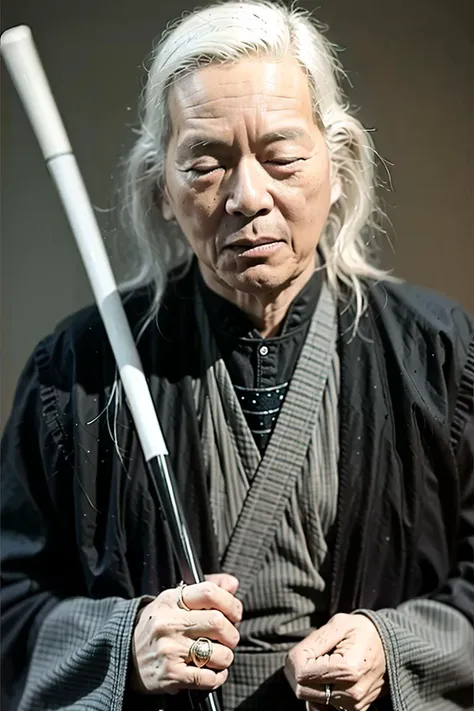 best quality, ultra high res, (photorealistic:1.4),masterpiece, blurry background,closed eyes,full body, 1boy,white hair,very long hair,He had a very long cane in his hand,No eyes,old men,black Magician's robe,<lora:jiangyi:0.8>