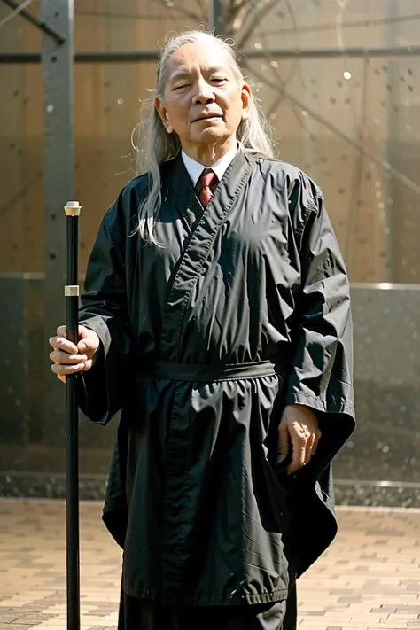 best quality, ultra high res, (photorealistic:1.4),masterpiece, blurry background,closed eyes,full body, 1boy,white hair,very long hair,He had a very long cane in his hand,No eyes,old men,black Magician's robe,<lora:jiangyi:0.8>