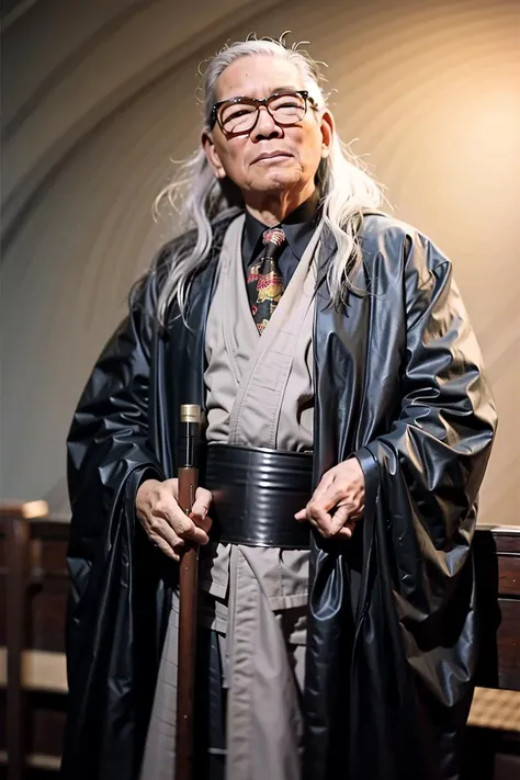 best quality, ultra high res, (photorealistic:1.4),masterpiece, blurry background,closed eyes,full body, 1boy,white hair,very long hair,He had a very long cane in his hand,No eyes,old men,Magician's robe,<lora:jiangyi:0.8>