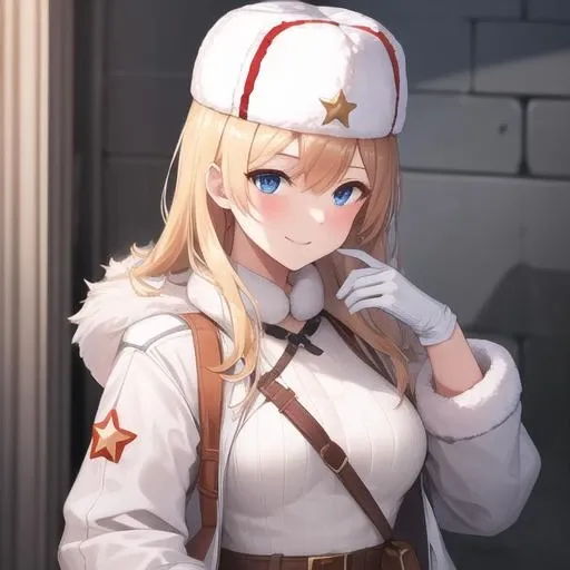 (masterpiece, best quality:1.2),illustration,8k,hd,city,1girl,solo,upper body,(portrait:1.2),mosin-nagant (girls frontline),ushanka,belt,belt pouch,blonde hair,blue eyes,white jacket,white headwear,ribbed sweater,white skirt,red star,blush,fur hat,fur trim,knee boots,black pantyhose,long hair,smile,white gloves,pleated skirt,brown footwear,<lora:Mosin Nagant(gf)>,