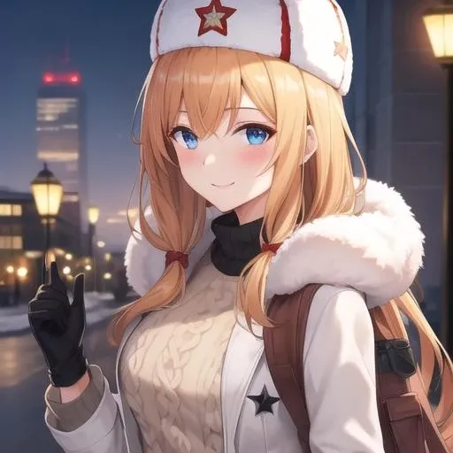 (masterpiece, best quality:1.2),illustration,8k,hd,city,1girl,solo,upper body,(portrait:1.2),mosin-nagant (girls frontline),ushanka,belt,belt pouch,blonde hair,blue eyes,white jacket,white headwear,ribbed sweater,white skirt,red star,blush,fur hat,fur trim,knee boots,black pantyhose,long hair,smile,white gloves,pleated skirt,brown footwear,<lora:Mosin Nagant(gf)>,