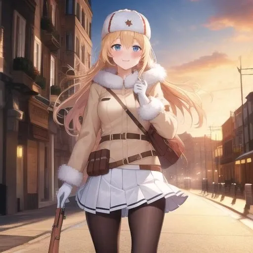 (masterpiece, best quality:1.2),illustration,8k,hd,city,1girl,solo,cowboy shot,mosin-nagant (girls frontline),ushanka,belt,belt pouch,blonde hair,blue eyes,white jacket,white headwear,ribbed sweater,white skirt,red star,blush,fur hat,fur trim,knee boots,black pantyhose,long hair,smile,white gloves,pleated skirt,brown footwear,<lora:Mosin Nagant(gf)>,