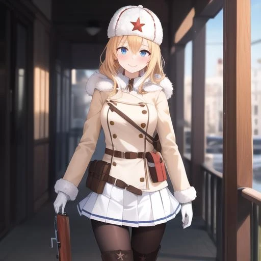 (masterpiece, best quality:1.2),illustration,8k,hd,city,1girl,solo,cowboy shot,mosin-nagant (girls frontline),ushanka,belt,belt pouch,blonde hair,blue eyes,white jacket,white headwear,ribbed sweater,white skirt,red star,blush,fur hat,fur trim,knee boots,black pantyhose,long hair,smile,white gloves,pleated skirt,brown footwear,<lora:Mosin Nagant(gf)>,