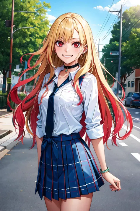 masterpiece, best quality, highres, kitagawa marin, 1girl, blonde hair, long hair, multicolored hair, red eyes, jewelry, earrings, piercing, school uniform, white shirt, tied shirt, black choker, blue necktie, plaid skirt, blue skirt <lora:kitagawa_marin_v1-1:0.7>, grin, smile, standing, cowboy shot, outdoors, <lora:morii-shizuki-Style-v1_573280:1>