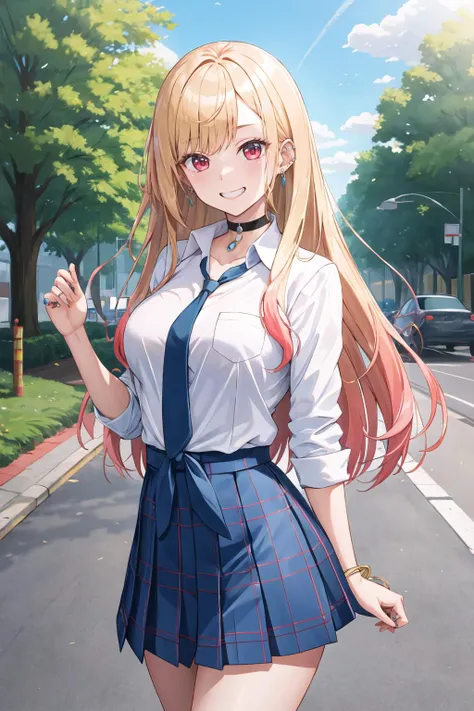 masterpiece, best quality, highres, kitagawa marin, 1girl, blonde hair, long hair, multicolored hair, red eyes, jewelry, earrings, piercing, school uniform, white shirt, tied shirt, black choker, blue necktie, plaid skirt, <lora:kitagawa_marin_v1-1:0.7>, grin, smile, standing, cowboy shot, outdoors, <lora:Bropmlk-style-v2-final:1>