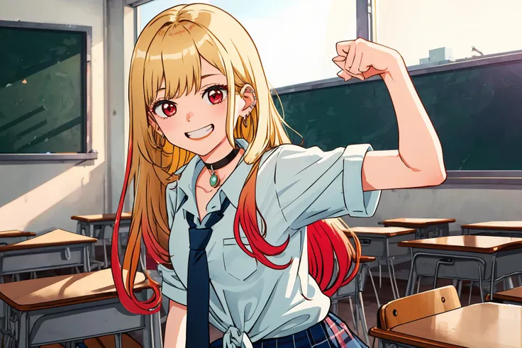 (best quality, masterpiece, highres), solo, kitagawa marin, 1girl, blonde hair, long hair, multicolored hair, red eyes, jewelry, earrings, piercing, school uniform, white shirt, tied shirt, black choker, blue necktie, plaid skirt, grin, excited, classroom,
<lora:kitagawa_marin_v1-1:0.8>