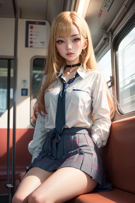 masterpiece, best quality, highres, kitagawa marin, 1girl, blonde hair, long hair, multicolored hair, red eyes, jewelry, earrings, piercing, school uniform, white shirt, tied shirt, black choker, blue necktie, plaid skirt, <lora:kitagawa_marin_v1-1:0.7>, sitting, train interior,