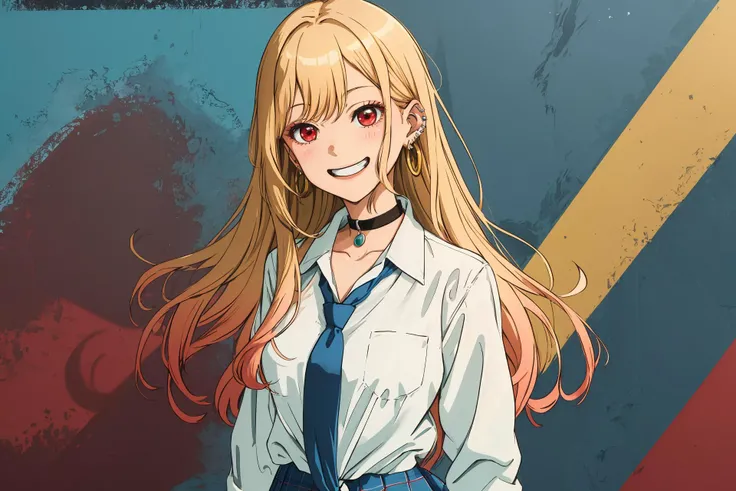 (best quality, masterpiece, highres),1girl, solo, kitagawa marin, 1girl, blonde hair, long hair, [ : red eyes, multicolored hair, : 0.8 ], jewelry, earrings, piercing, school uniform, white shirt, tied shirt, black choker, blue necktie, plaid skirt, happy, excited, grin, cleavage,  <lora:kitagawa_marin_v1-1:0.8>