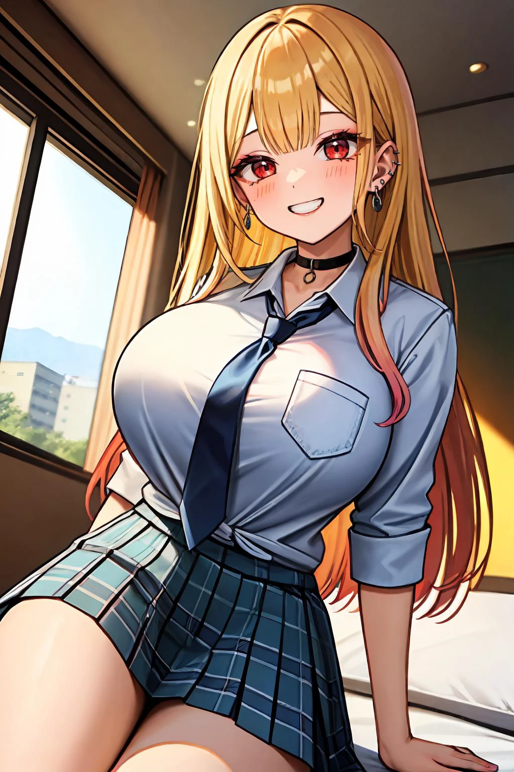 <lora:kitagawa_marin_v1-1:0.8><lora:GoodHands-beta2:1>solo, 1girl, solo focus, masterpiece, intricate details, best quality, kkitagawa marin, 1girl, blonde hair, long hair, multicolored hair, red eyes, jewelry, earrings, piercing, school uniform, white shirt, tied shirt, black choker, blue necktie, plaid skirt, looking at viewer, sitting, leg up, grin, blush, happy, excited, gigantic breasts, thick thighs, wide hips, slender waist, athletic body, scenery, bedroom, apartment, modern, japan, indoors, sunlight