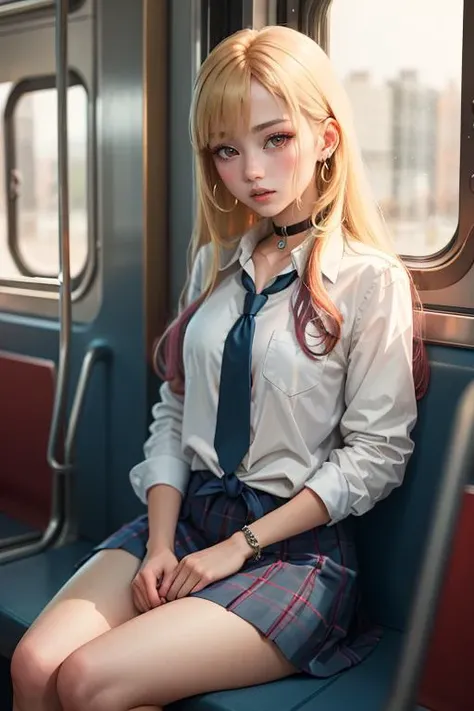 masterpiece, best quality, highres, kitagawa marin, 1girl, blonde hair, long hair, multicolored hair, red eyes, jewelry, earrings, piercing, school uniform, white shirt, tied shirt, black choker, blue necktie, plaid skirt, <lora:kitagawa_marin_v1-1:0.7>, sitting, train interior,