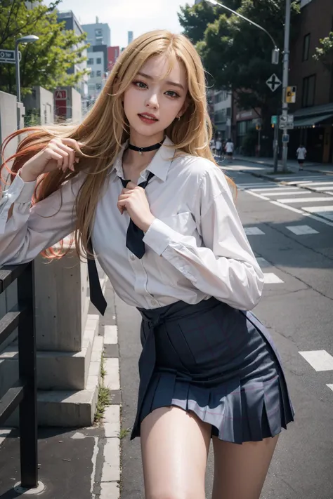 (RAW photo, best quality), (realistic, photo-realistic:1.3), masterpiece, extremely detailed, 8k wallpaper, finely detail, 8k, wallpaper, huge filesize, highres, absurdres,
<lora:kitagawa_marin_v1-1:0.8>, kitagawa marin,
1girl, full body, smile,
(blonde hair: 2), long hair, (multicolored hair: 1.3),
(red eyes: 2), jewelry, earrings, piercing, school uniform, white shirt, tied shirt, black choker, blue necktie, plaid skirt ,
school gate, play ground