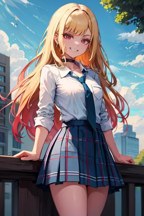 masterpiece, best quality, highres, kitagawa marin, 1girl, blonde hair, long hair, multicolored hair, red eyes, jewelry, earrings, piercing, school uniform, white shirt, tied shirt, black choker, blue necktie, plaid skirt, <lora:kitagawa_marin_v1-1:0.7>, grin, smile, standing, cowboy shot, outdoors,